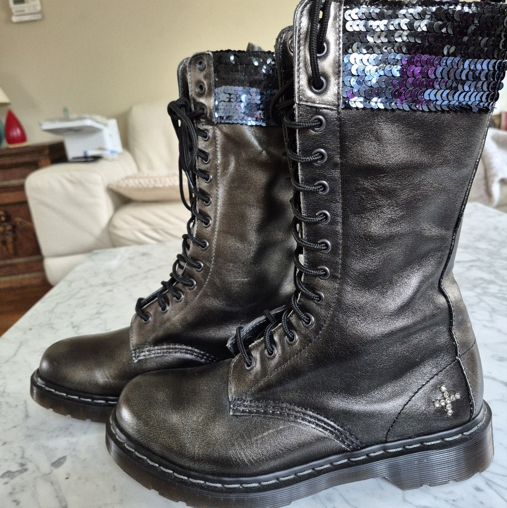 DR. Marten Knee High Sequin Lace-Up Boots - Black and Silver